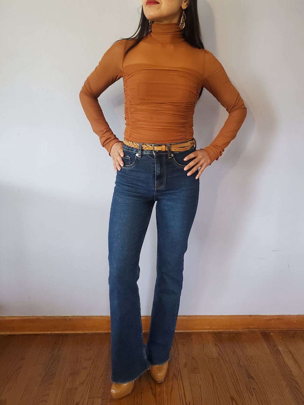 HUGO Rust-Tone Ruched Sheer Bodysuit - Picture 2 of 6